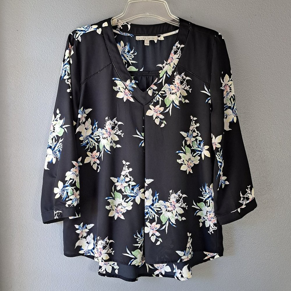 41 Hawthorn - Black, Cream, Green, 3/4 Sleeve Blouse, Size Medium